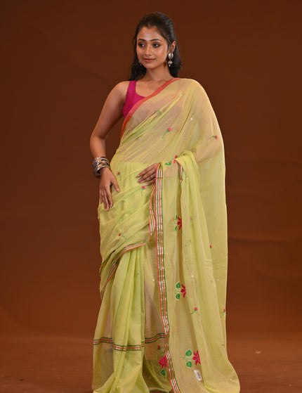 Cotton Khadi Saree Pink Lotus Hand Painted Cotton