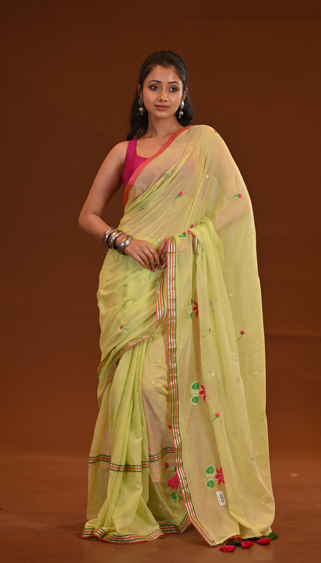 Cotton Khadi Saree Pink Lotus Hand Painted Cotton