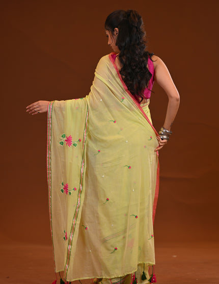 Cotton Khadi Saree Pink Lotus Hand Painted Cotton