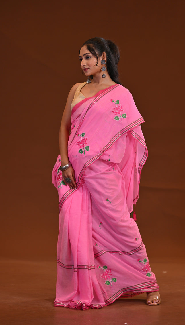Pink Cotton Khadi Saree Lotus Hand Painted Cotton