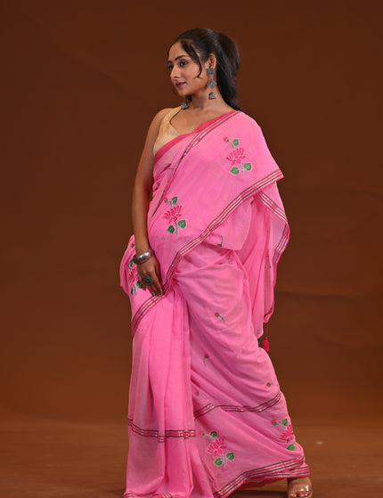 Pink Cotton Khadi Saree Lotus Hand Painted Cotton