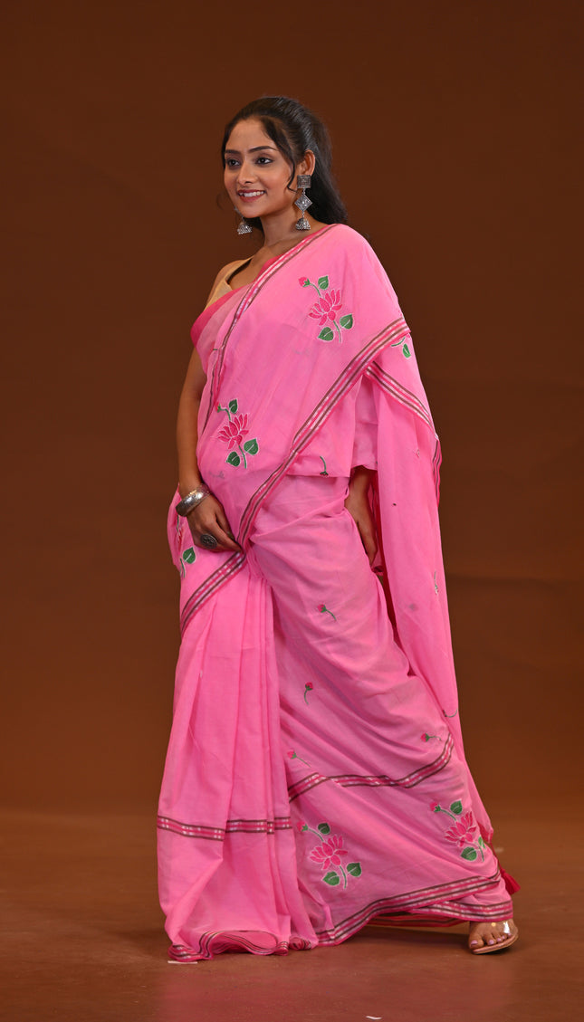 Pink Cotton Khadi Saree Lotus Hand Painted Cotton