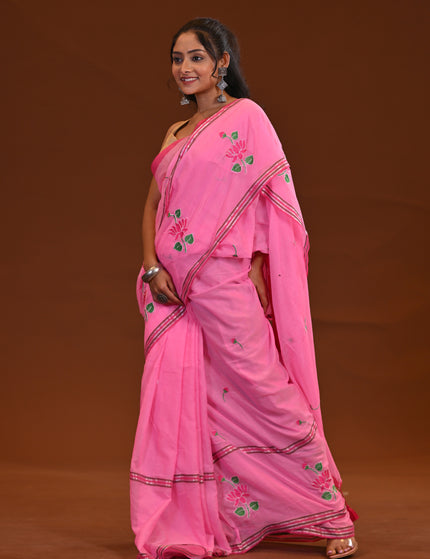 Pink Cotton Khadi Saree Lotus Hand Painted Cotton