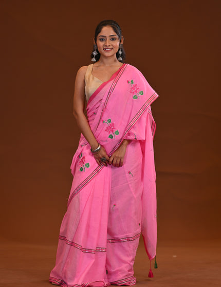 Pink Cotton Khadi Saree Lotus Hand Painted Cotton