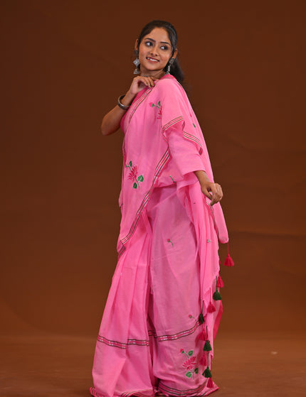 Pink Cotton Khadi Saree Lotus Hand Painted Cotton