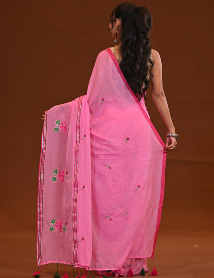 Pink Cotton Khadi Saree Lotus Hand Painted Cotton