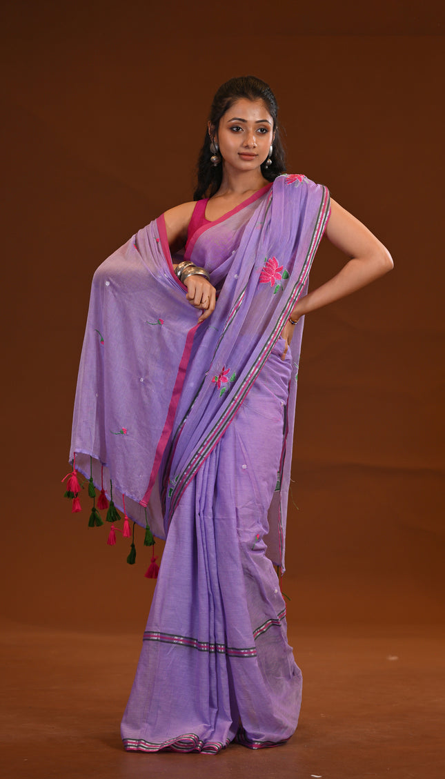 Lilac Cotton Khadi Saree Lotus Hand Painted Cotton