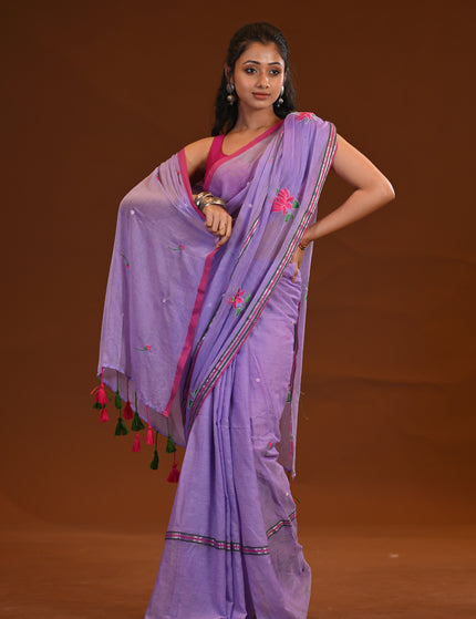 Lilac Cotton Khadi Saree Lotus Hand Painted Cotton