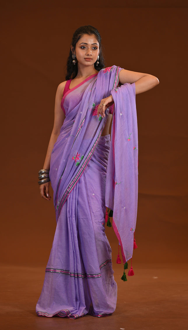 Lilac Cotton Khadi Saree Lotus Hand Painted Cotton