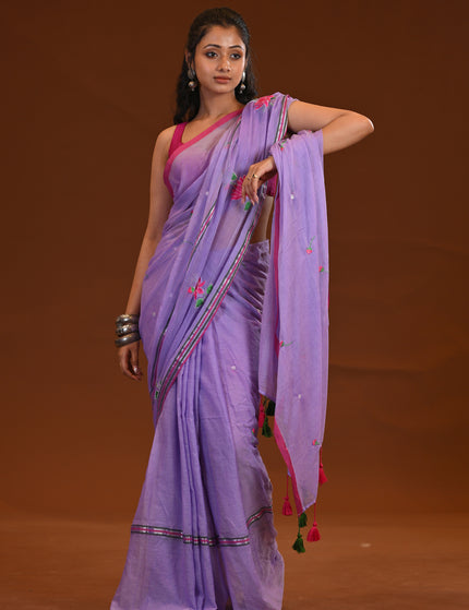 Lilac Cotton Khadi Saree Lotus Hand Painted Cotton