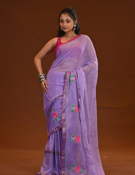 Lilac Cotton Khadi Saree Lotus Hand Painted Cotton