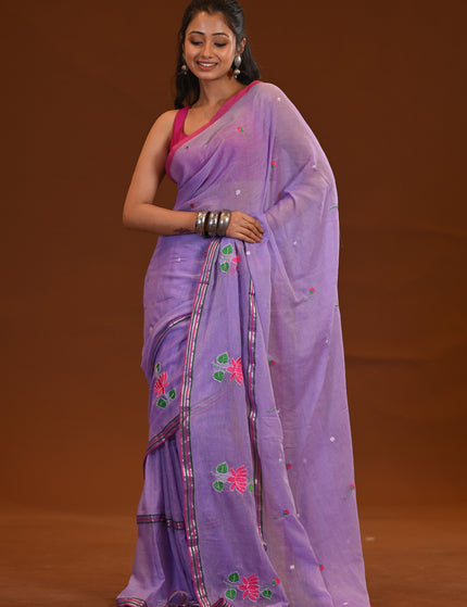 Lilac Cotton Khadi Saree Lotus Hand Painted Cotton