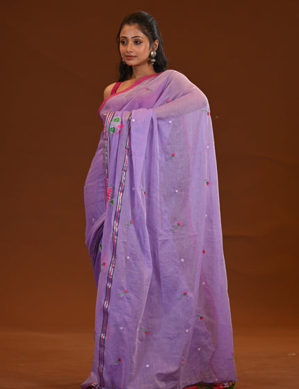 Lilac Cotton Khadi Saree Lotus Hand Painted Cotton