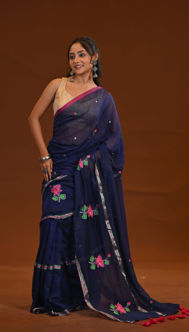 Cotton Khadi Saree Lotus Hand Painted Cotton Navy Blue