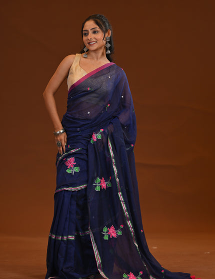 Cotton Khadi Saree Lotus Hand Painted Cotton Navy Blue