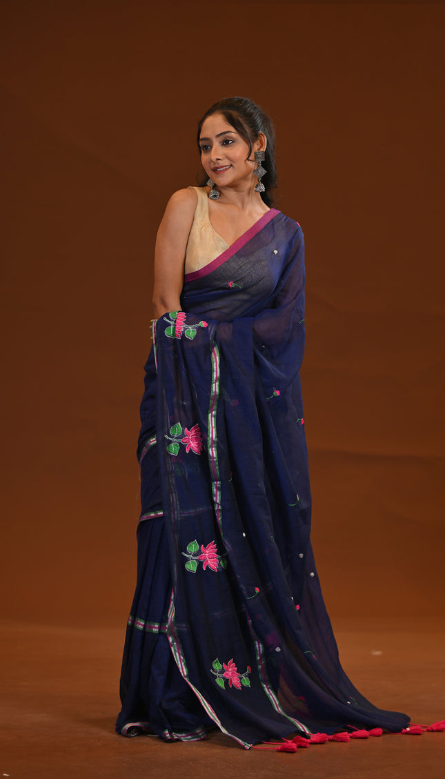 Cotton Khadi Saree Lotus Hand Painted Cotton Navy Blue