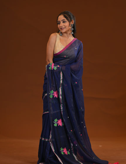 Cotton Khadi Saree Lotus Hand Painted Cotton Navy Blue
