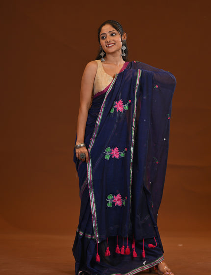 Cotton Khadi Saree Lotus Hand Painted Cotton Navy Blue