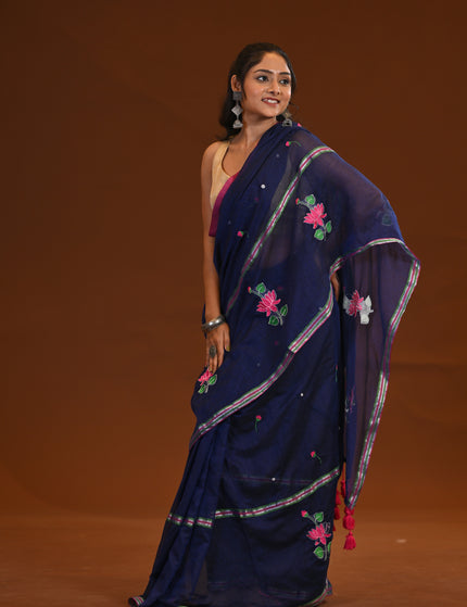 Cotton Khadi Saree Lotus Hand Painted Cotton Navy Blue