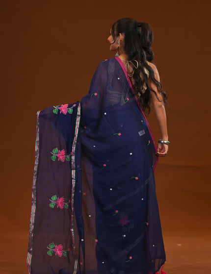 Cotton Khadi Saree Lotus Hand Painted Cotton Navy Blue