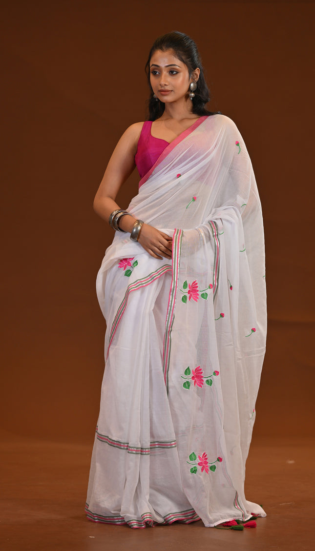 Cotton Khadi Saree Pink Lotus Hand Painted Cotton