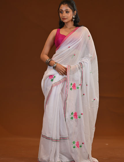 Cotton Khadi Saree Pink Lotus Hand Painted Cotton