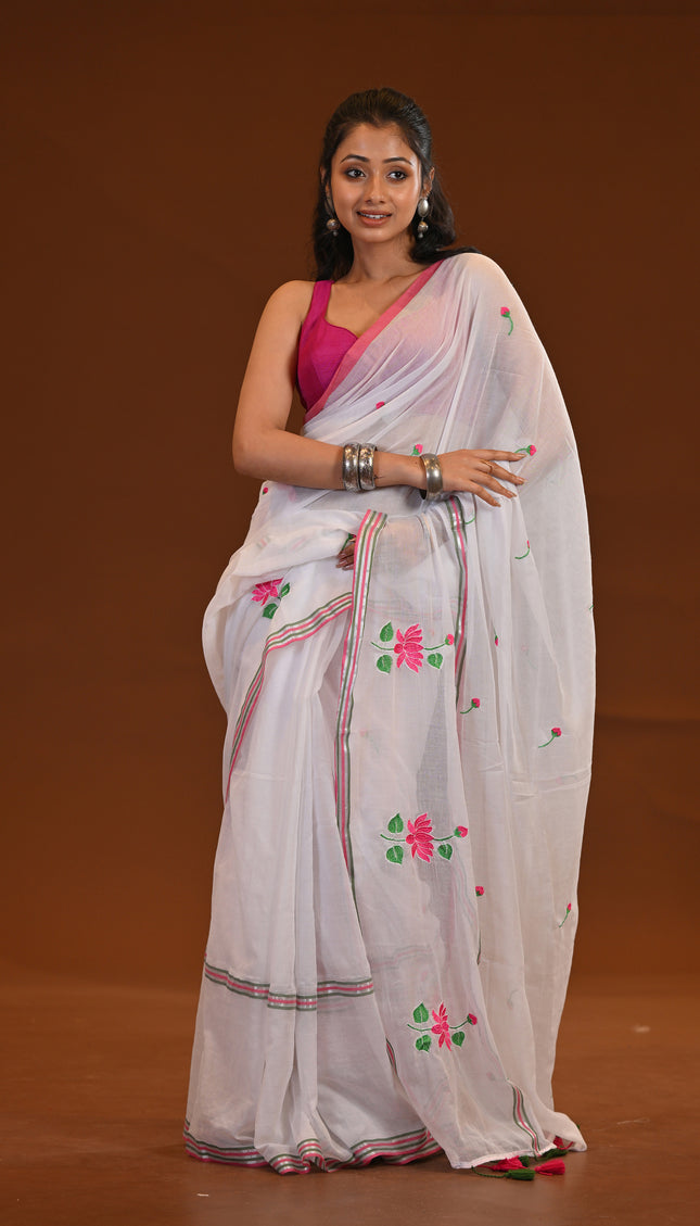 Cotton Khadi Saree Pink Lotus Hand Painted Cotton