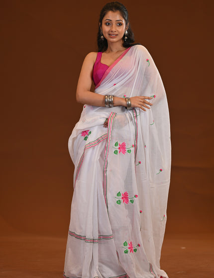 Cotton Khadi Saree Pink Lotus Hand Painted Cotton