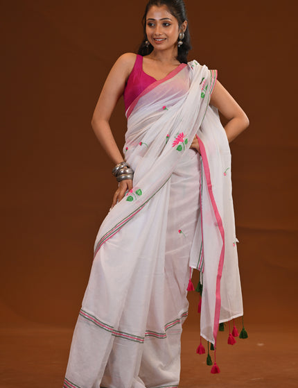 Cotton Khadi Saree Pink Lotus Hand Painted Cotton