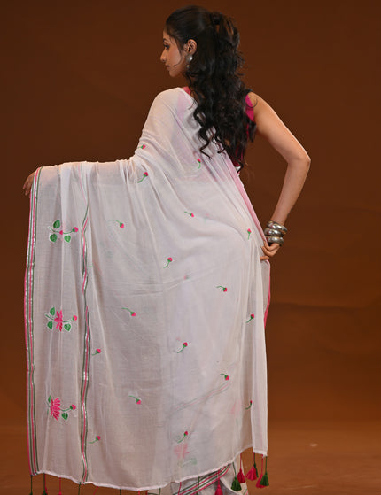 Cotton Khadi Saree Pink Lotus Hand Painted Cotton
