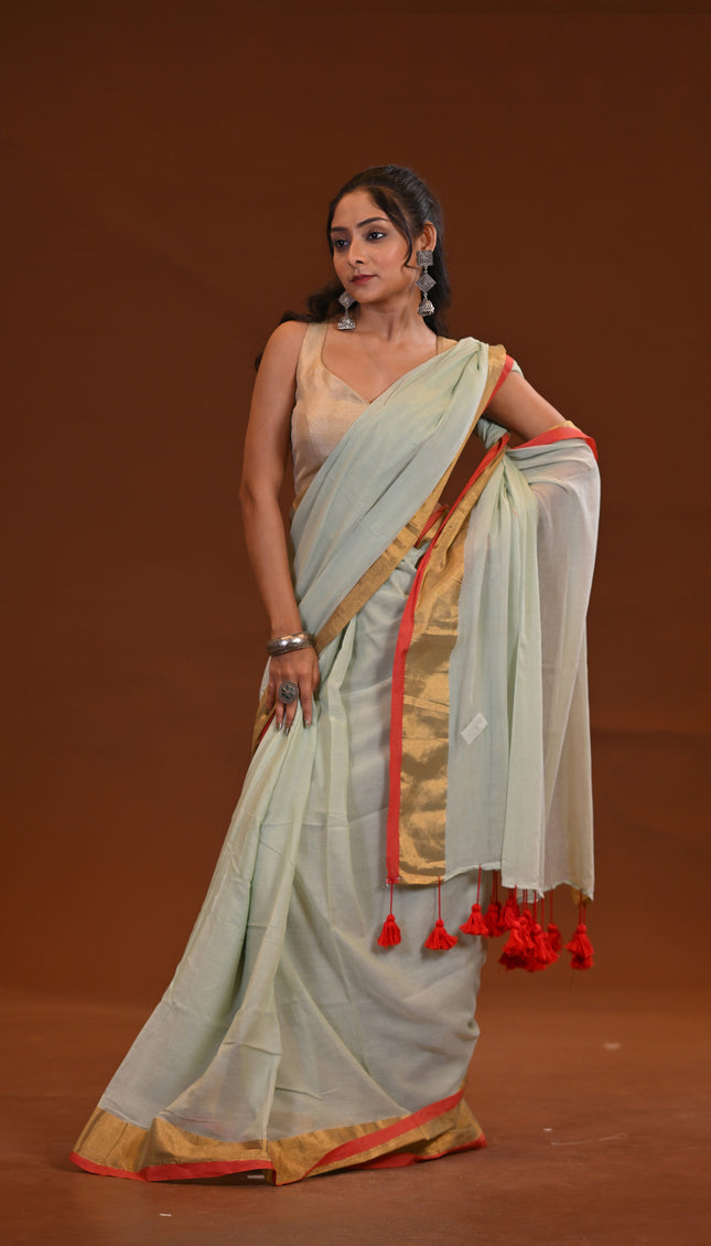 White Mulmul Cotton Saree With Gold Zari Border