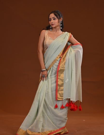 White Mulmul Cotton Saree With Gold Zari Border