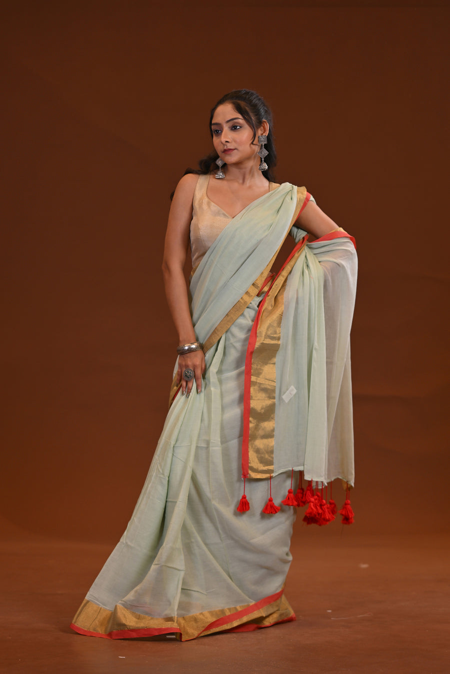 White Mulmul Cotton Saree With Gold Zari Border