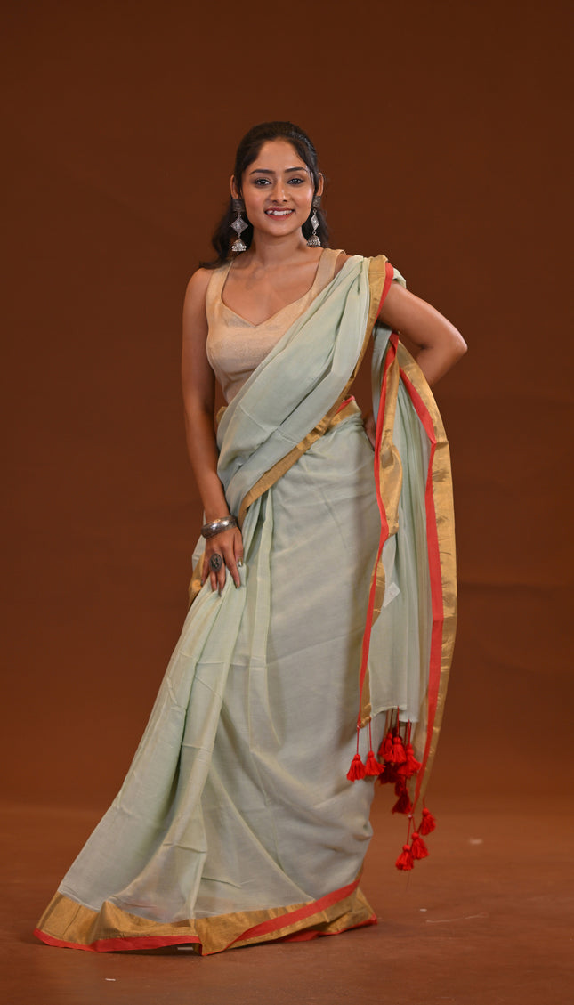 White Mulmul Cotton Saree With Gold Zari Border