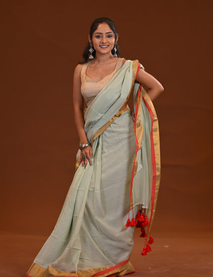 White Mulmul Cotton Saree With Gold Zari Border