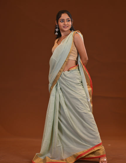White Mulmul Cotton Saree With Gold Zari Border
