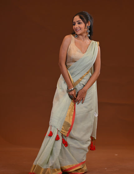 White Mulmul Cotton Saree With Gold Zari Border