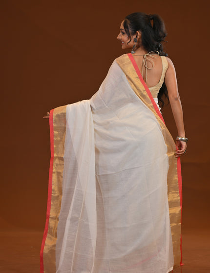 White Mulmul Cotton Saree With Gold Zari Border