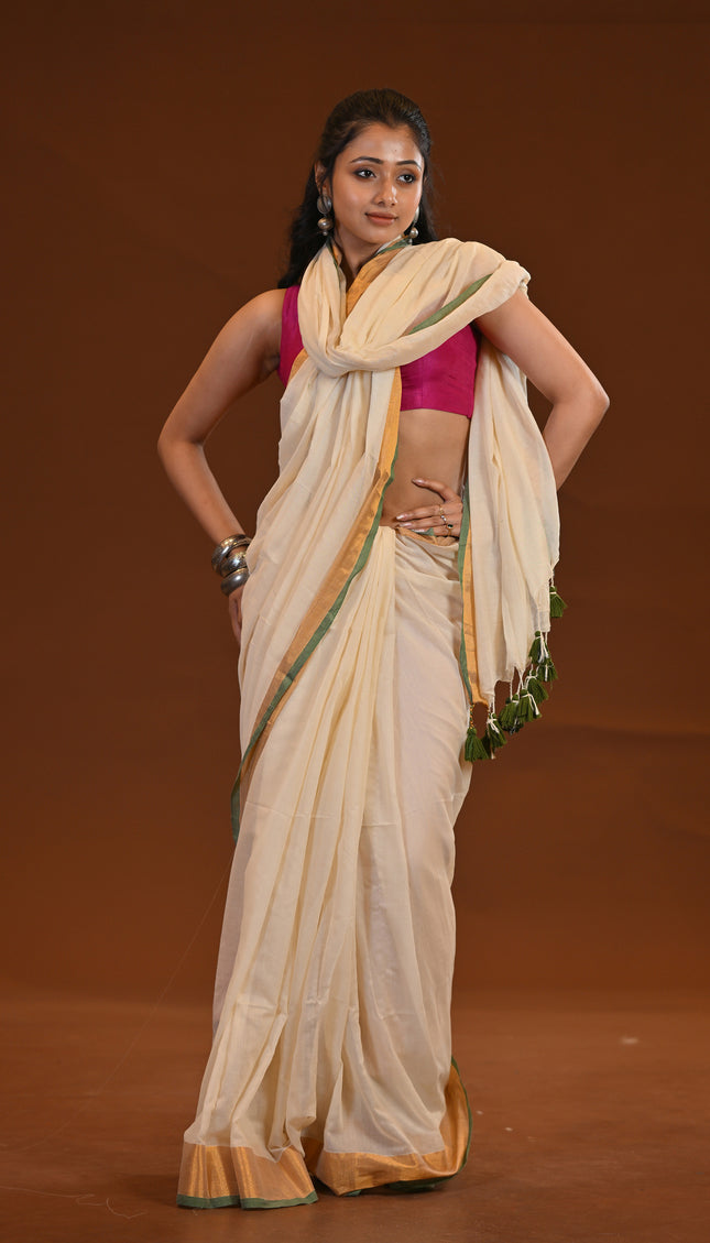 White Mulmul Cotton Saree With Golden Border