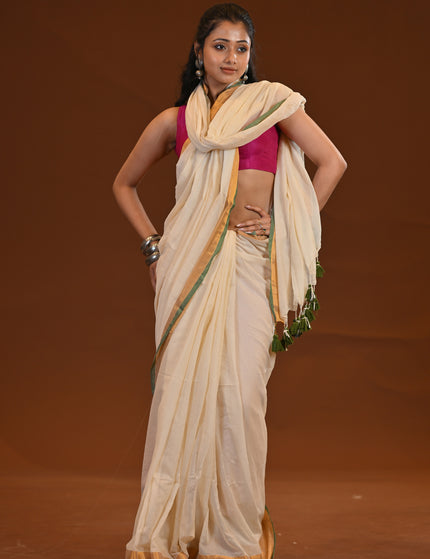 White Mulmul Cotton Saree With Golden Border