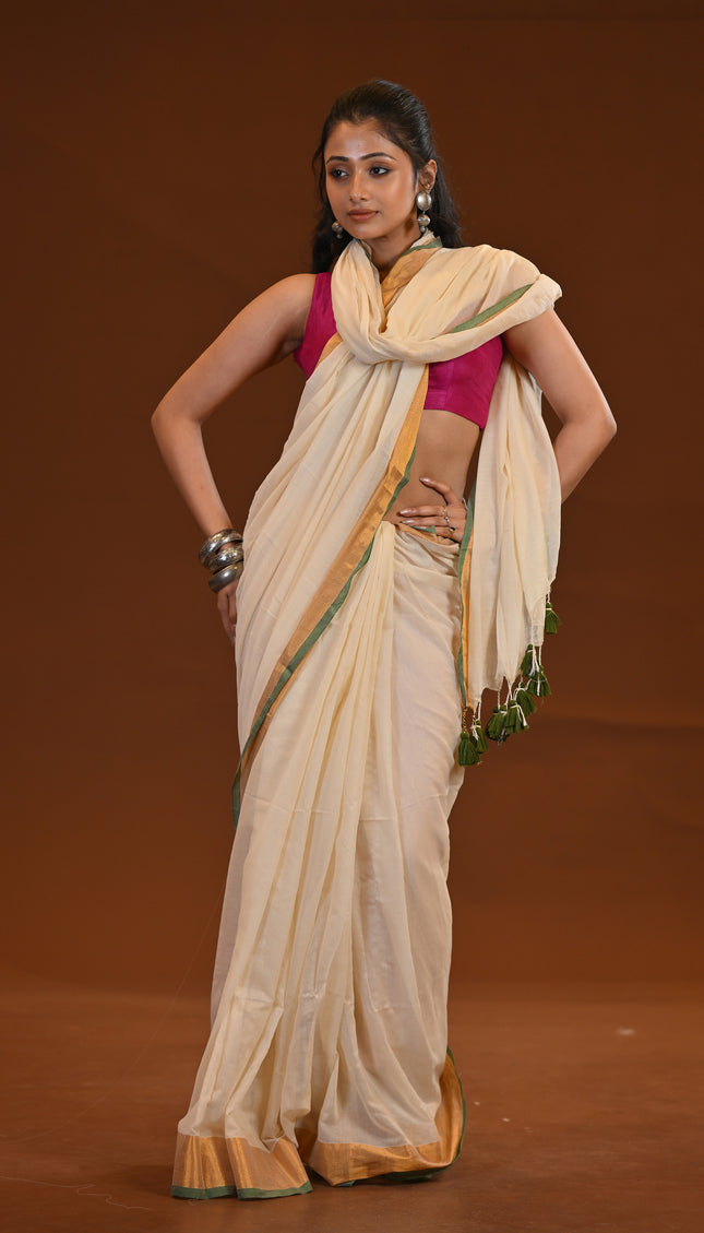 White Mulmul Cotton Saree With Golden Border