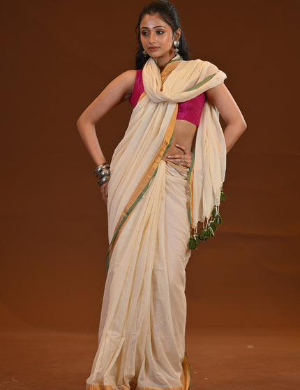 White Mulmul Cotton Saree With Golden Border