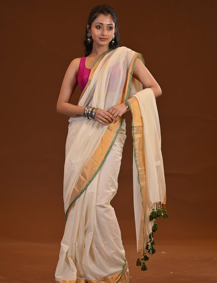 White Mulmul Cotton Saree With Golden Border