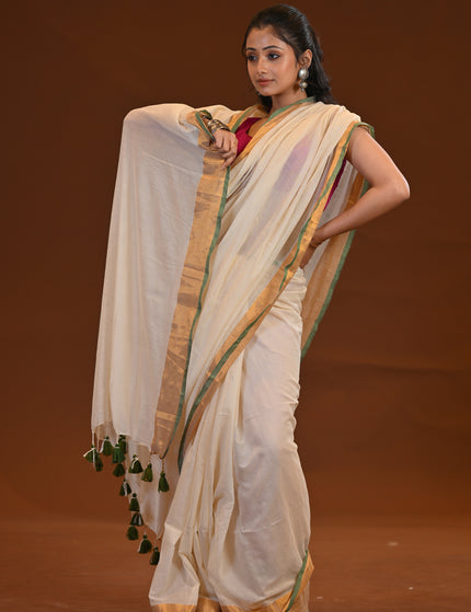 White Mulmul Cotton Saree With Golden Border