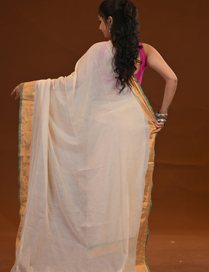 White Mulmul Cotton Saree With Golden Border