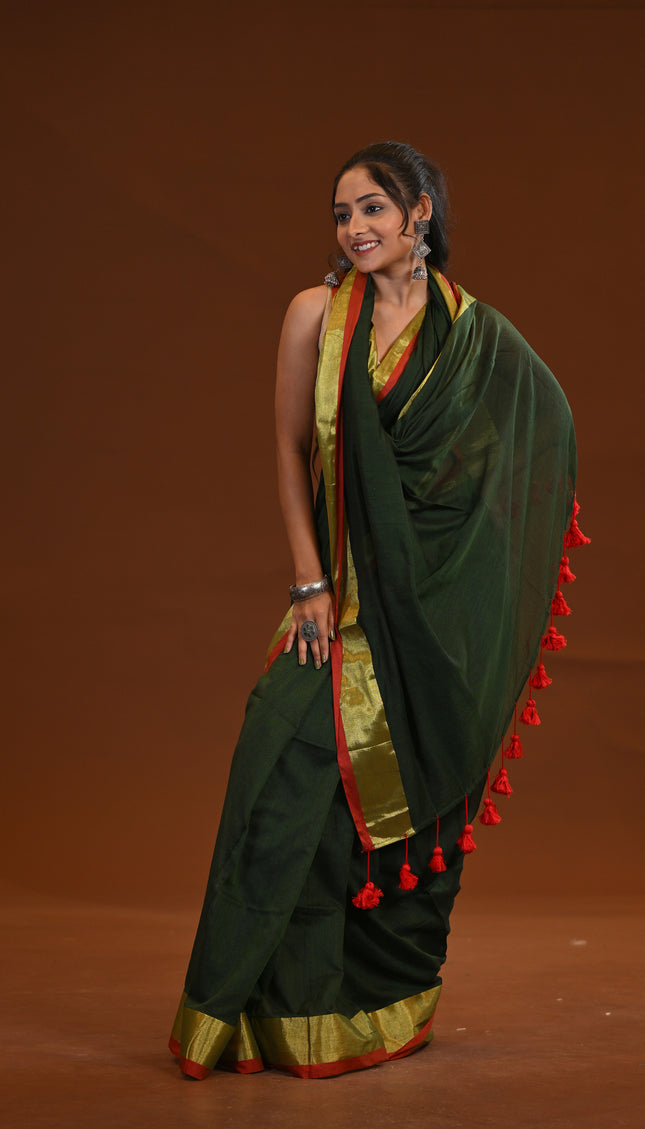 Green Mulmul Cotton Saree