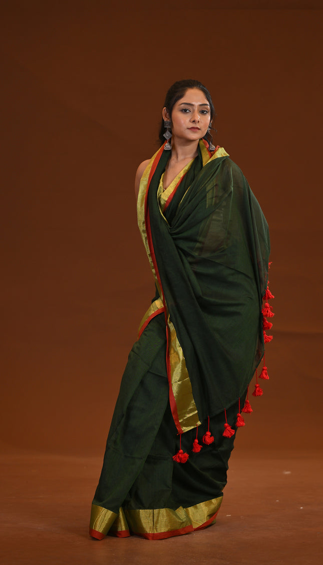 Green Mulmul Cotton Saree