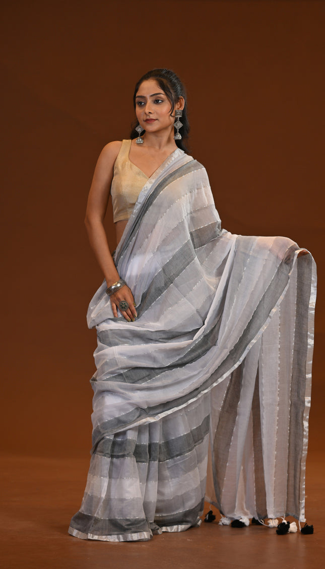 Black And White Mulmul Cotton Saree