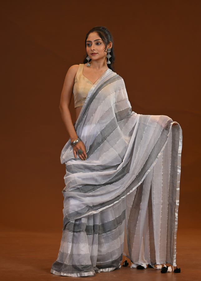 Black And White Mulmul Cotton Saree