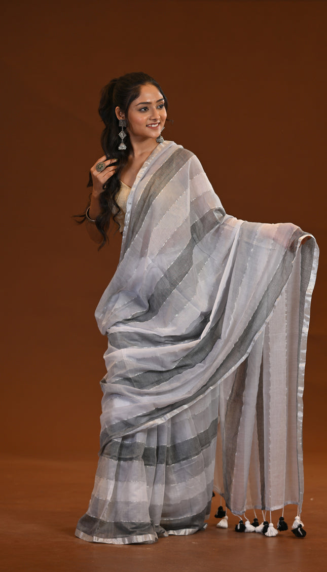 Black And White Mulmul Cotton Saree